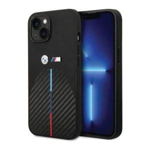 BMW M Collection iP 14 Pro PU Carbon Tricolor Stripe & Metal Logo Cover – Black