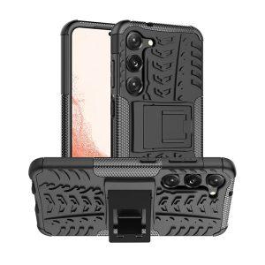 Hybrid Tire Texture Shockproof SAM S23+ Cover With Kickstand – Black
