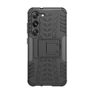 Hybrid Tire Texture Shockproof SAM S23+ Cover With Kickstand – Black