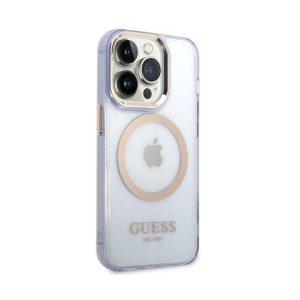 Guess iP 14 Plus Translucent Gold Outline MagSafe Cover – Purple