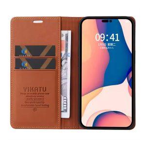 YIKATU Leather Flip iP 14 Pro Max Cover with Wallet – Brown (YK-002)