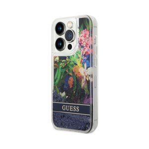 Guess iP 14 Plus Liquid Glitter With Flower Pattern Cover – Blue