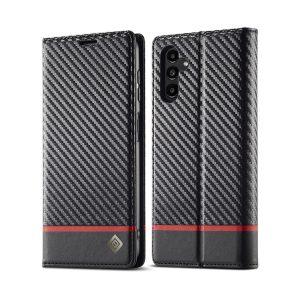 LC.IMEEKE Carbon Fiber PU Leather SAM A04s Flip Cover – Black