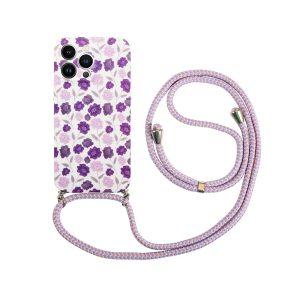 Flower Pattern Printed iP 13 Pro TPU Cover With Lanyard – Violet