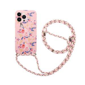 Flower Pattern Printed iP 13 Pro TPU Cover With Lanyard – Pink/Peony