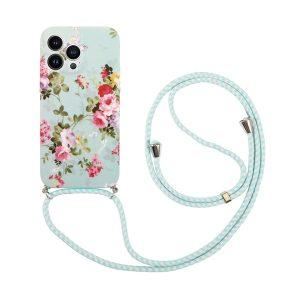 Flower Pattern Printed iP 13 Pro TPU Cover With Lanyard – Rose