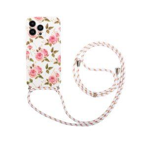 Flower Pattern Printed iP 13 Pro TPU Cover With Lanyard – White/Peony