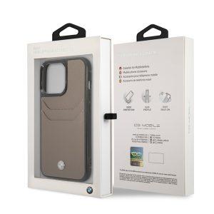 BMW Genuine Leather Cover With Cardslot Embossed Pattern For iP 14 Pro Max – Taupe (BMHCP14X22RSEPT)