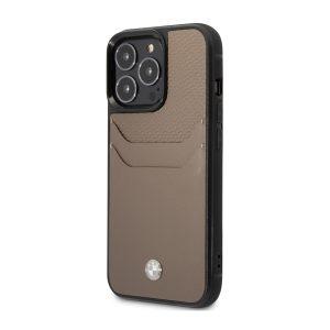 BMW Genuine Leather Cover With Cardslot Embossed Pattern For iP 14 Pro Max – Taupe (BMHCP14X22RSEPT)