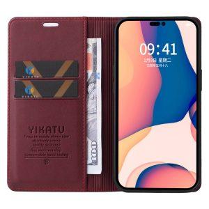 YIKATU Leather Flip iphone 14 Pro Cover  – Wine Red (YK-001)