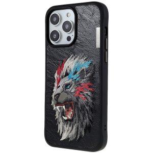 Nimmy iP 14 Pro Lion Pattern Embroidery Leather Cover – Black