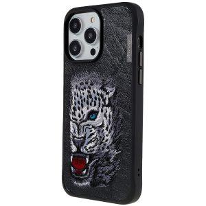 Nimmy iP 14 Pro Max Cheetah Pattern Embroidery Leather Cover – Black