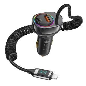 USAMS C37 60W Fast Car Charger Type-C + USB Dual Port PD 30W with Lightning Cable US-CC193