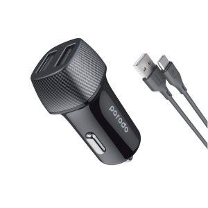 Porodo Dual Port Car Charger 3.4A with Type-C Cable 0.9M – Black (PD-34CCV2C-BK)