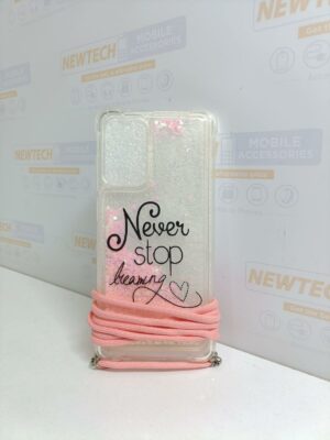 Hybrid Hard Acrylic + TPU SAM A72 Never Stop Printed Cover With Lanyard Quickstand Glitters