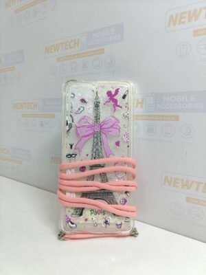Hybrid Hard Acrylic + TPU SAM A72 Eiffel Tower Printed Cover With Lanyard Quickstand Glitters