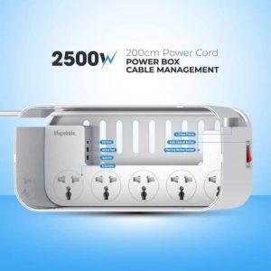 Blupebble Power Box Cable Management 5 Ports + 2 USB + 1 Type-C 2500W Extension – White
