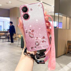 Kadem Xiaomi Redmi 13C/Poco C65 4G Flower Pattern Cover With Strap – Rose Gold