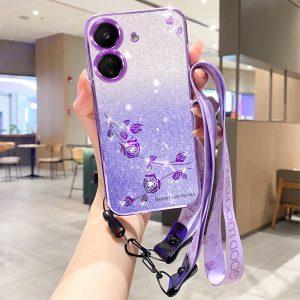 Kadem Xiaomi Redmi 13C/Poco C65 4G Flower Pattern Cover With Strap – Purple