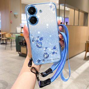 Kadem Xiaomi Redmi 13C/Poco C65 4G Flower Pattern Cover With Strap – Blue