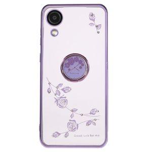 KADEM For Samsung Galaxy A03 Core Flower Pattern Cover With Ring Kickstand – Purple