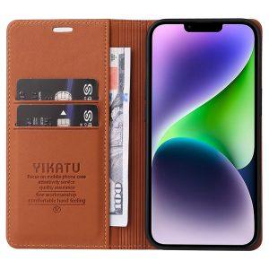 YIKATU Leather Flip iPhone 15 Plus Cover – Brown (YK-001)