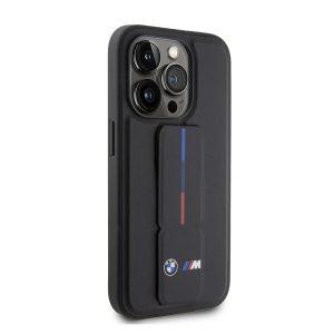 BMW iPhone 15 Pro Max Leather Gripstand Cover with Hot M Stamp – Black (BMHCP15X22GSLK)