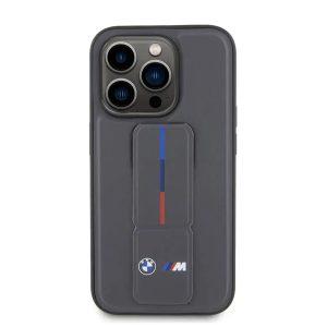 BMW iPhone 15 Pro Leather Gripstand Cover with Hot M Stamp – Gray (BMHCP15L22GSLG)