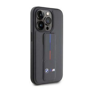 BMW iPhone 15 Pro Leather Gripstand Cover with Hot M Stamp – Gray (BMHCP15L22GSLG)