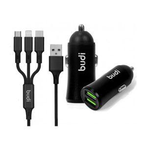 Budi 12W 2USB Car Charger with 3 in 1 Cable CC627T3B – Black