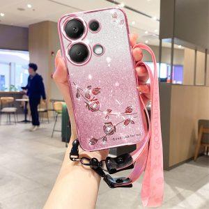 Kadem Xiaomi Redmi Note 13 4G Flower Pattern Cover With Strap – Rose Gold