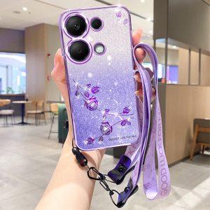 Kadem Xiaomi Redmi Note 13 4G Flower Pattern Cover With Strap – Purple