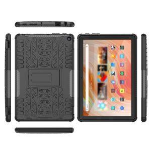 Hybrid Tire Texture Shockproof With Kickstand Cover For Amazon Fire HD 10 (2023) – Black