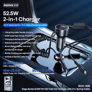 REMAX Saga Series 52.5W PD+QC Fast Car Charger with C+ L Spring Cable – Black RCC336