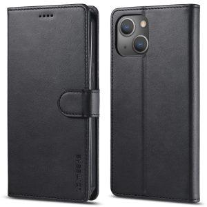LC.IMEEKE iPhone 15 Wallet PU Leather Texture Stand Flip Cover – Black