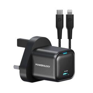 Powerology 20W USB-C Port PD Charger UK with Type-C to Lightining MFI 27W Cable –  Black PWCUQC016-L