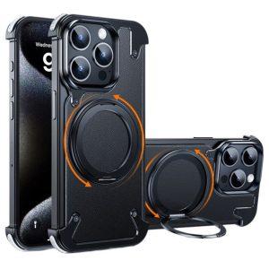 iPhone 15 Pro Max Magnetic Leather+PC Kickstand Frameless Back Cover – Black