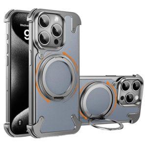 iPhone 15 Pro Max Magnetic Leather+PC Kickstand Frameless Back Cover – Gray