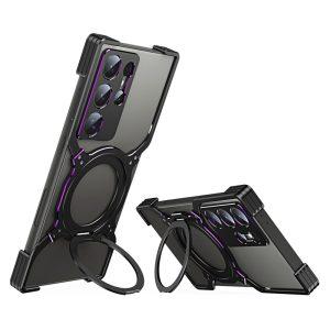 Samsung Galaxy S24 Ultra Metal Bumper Magnetic Cover with Kickstand – Black+Purple
