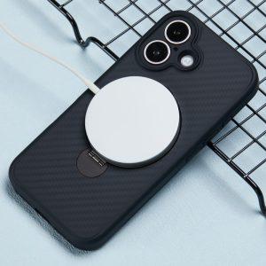 iPhone 16 Carbon Fiber Texture Magnetic Ring Kickstand TPU Cover – Black