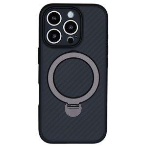iPhone 16 Pro Max Carbon Fiber Texture Magnetic Ring Kickstand TPU Cover – Black