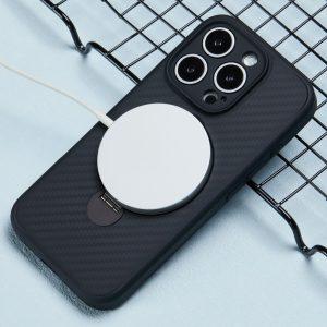 iPhone 16 Pro Max Carbon Fiber Texture Magnetic Ring Kickstand TPU Cover – Black