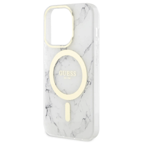 Guess Magsafe IML Hard Case With Marble Design For iPhone 16 Pro – White(GUOHMP16LPCUMAH)