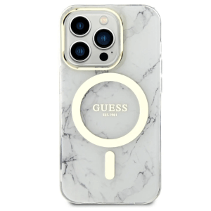 Guess Magsafe IML Hard Case With Marble Design For iPhone 16 Pro – White(GUOHMP16LPCUMAH)