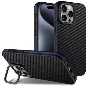 iPhone 16 Pro Carbon Fiber Texture Cover Invisible Kickstand – Blue