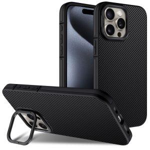 iPhone 16 Pro Carbon Fiber Texture Cover Invisible Kickstand – Black