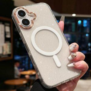 iPhone 16 Plus MagSafe PC+TPU+Acrylic Anti-Drop Glitter IMD Cover – White