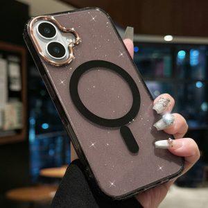 iPhone 16 Plus MagSafe PC+TPU+Acrylic Anti-Drop Glitter IMD Cover – Black