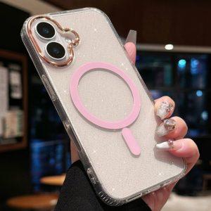 iPhone 16 Plus MagSafe PC+TPU+Acrylic Anti-Drop Glitter IMD Cover – Pink