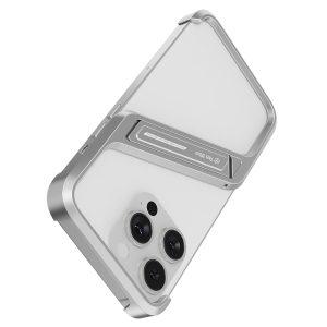 iPhone 16 Pro Frameless S-shaped Aluminium Alloy Cover with Kickstand – Silver